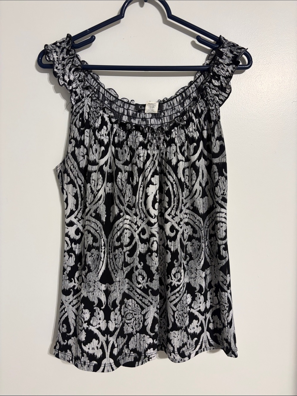 Carol Rose Black and White Damask Ruffled Strap Tank